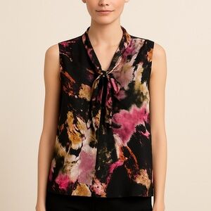 Apostrophe Bow Feminine Black Blouse with Pink and Red Accents Size: XL Petite